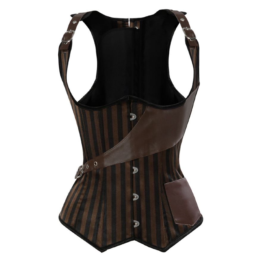 Steampunk Underbust Corset Vest Women Leather Spliced Striped Corset Bustier Top Waist Trainer Corsets Burlesque Pirate Costume