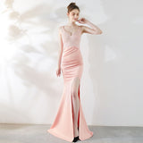 Elegant Mermaid Sexy High Slit Evening Dress Reflective Long V neck Beadings Formal Classy Sleeveless Prom