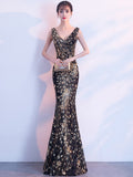 Elegant Mermaid Evening Dress Sleeveless Sequins Robe De Soriee V-neck Tulle Prom Gown Beads Formal Dress