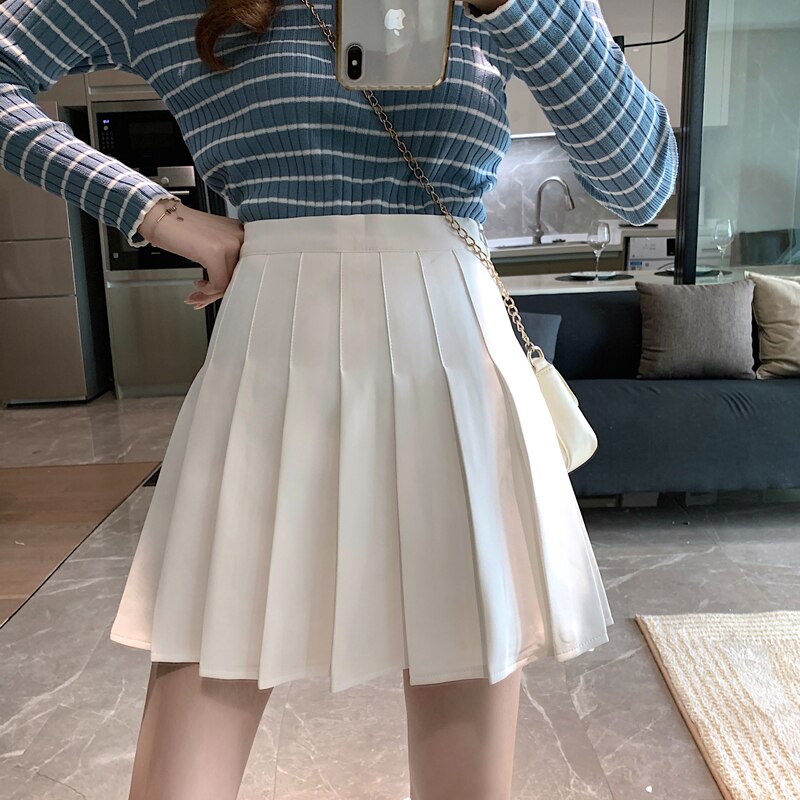 Women High Waist Pleated Skirt Korean Sweet Style Solid Color Ladies A-line Casual Mini Skirts