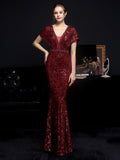 Women Gold Sequin Dress V Neck Beaded Party Maxi Elegant Evening Dress