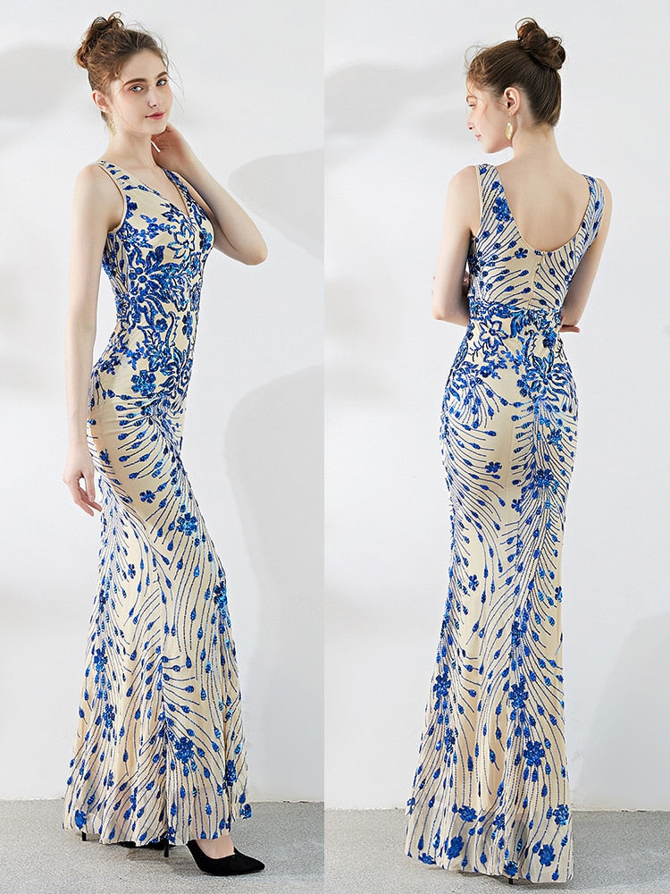 Elegant Mermaid Evening Dress Sleeveless Sequins Robe De Soriee V-neck Tulle Prom Gown Beads Formal Dress