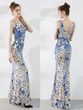Elegant Mermaid Evening Dress Sleeveless Sequins Robe De Soriee V-neck Tulle Prom Gown Beads Formal Dress