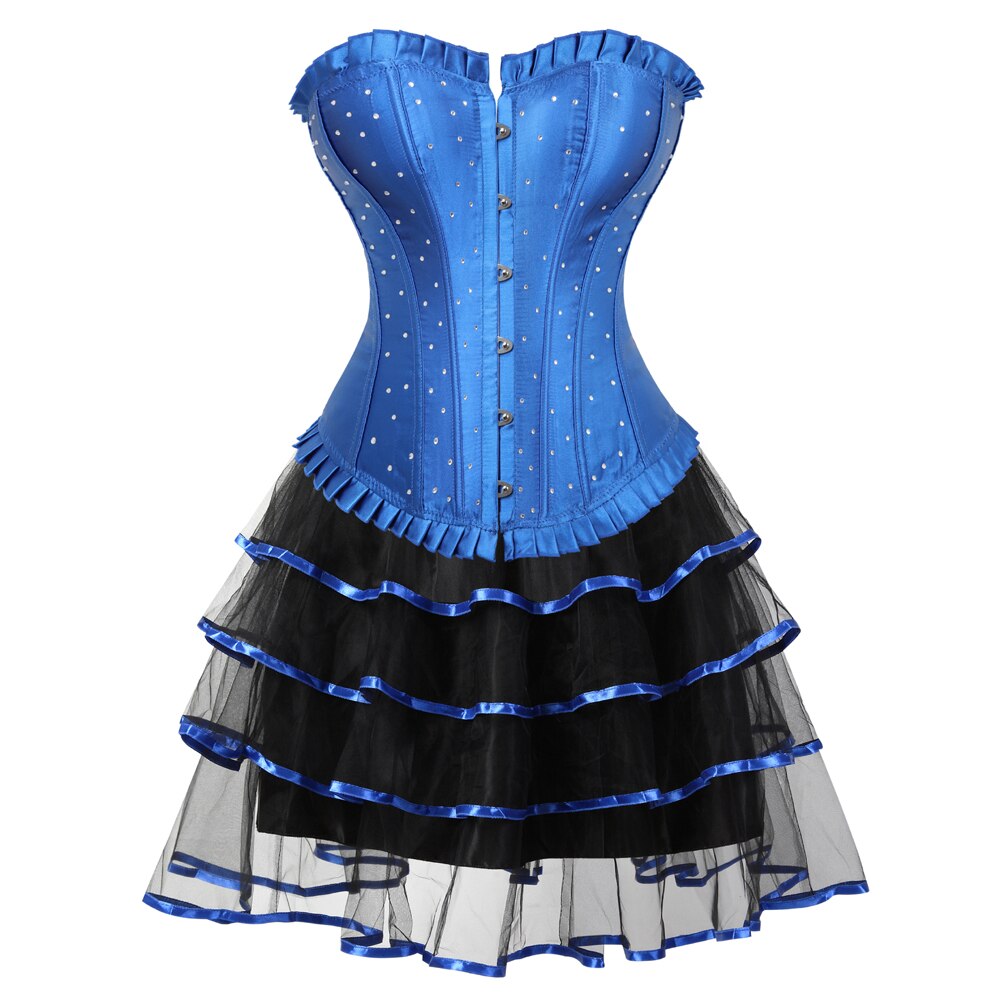 Sexy Rhinestones Brocade Frill Corset Skirt Set Women Fashion Party Corset Bustier Lingerie Top With Mesh Tulle Mini Tutu Skirt
