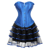 Sexy Rhinestones Brocade Frill Corset Skirt Set Women Fashion Party Corset Bustier Lingerie Top With Mesh Tulle Mini Tutu Skirt