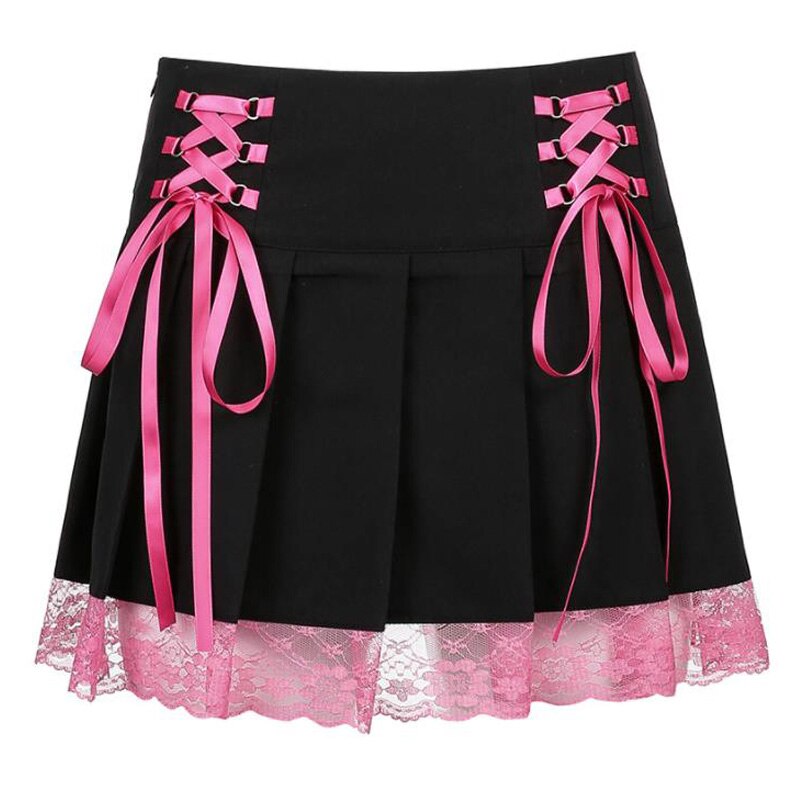 Y2K Aesthetics Lace Trim Low Waist Sexy High Waist Black Cute Short Bottoms Clubwear Skirts