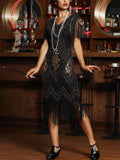 Vintage 1920s Party Dress Great Gatsby Sequin Short Dress V-neck Short-Sleeve Tulle Beads Evening Dress Elegant Lady Prom Gown
