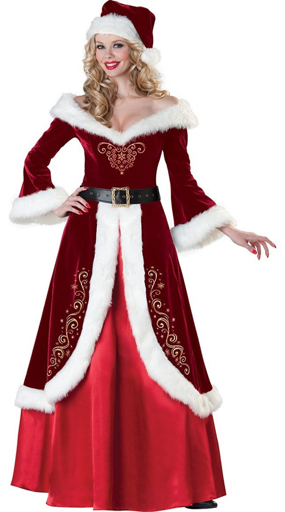 Santa Claus Suit Adult Women Christmas Cosplay Costume Sexy Red Deluxe Velvet Fancy 3pcs Set Xmas Party Woman Dress S-XXL