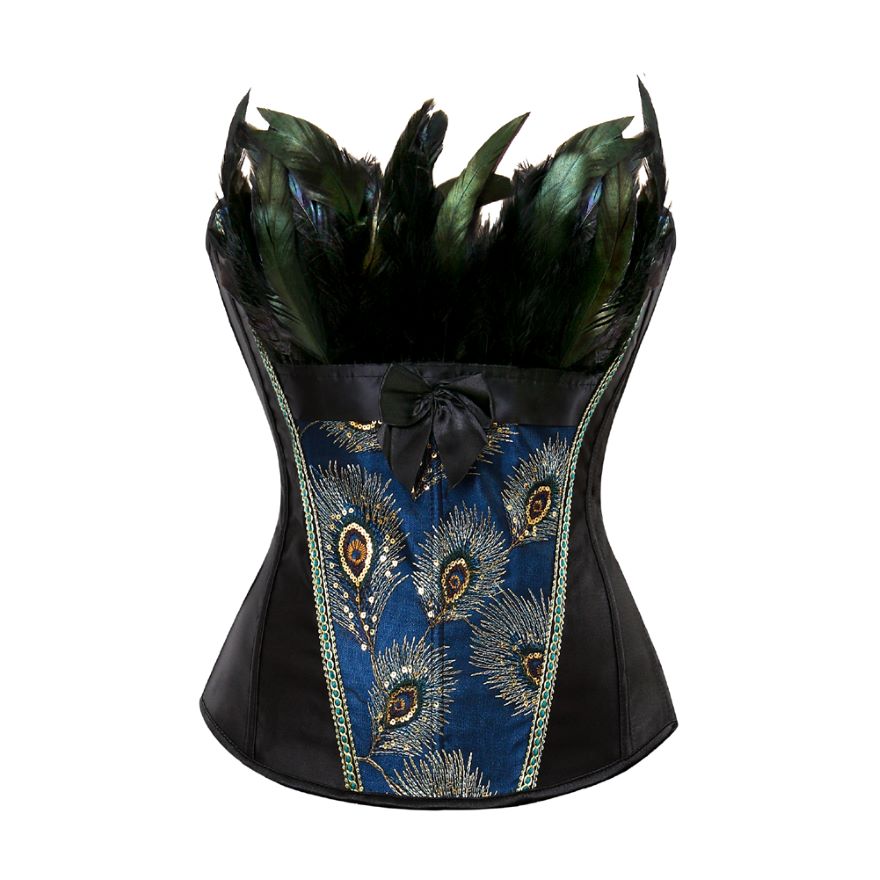 Women Sexy Peacock Feathers Embroidery Overbust Corset Bustier Lingerie Top With Mesh Mini Skirt Set Burlesque Corset Dress