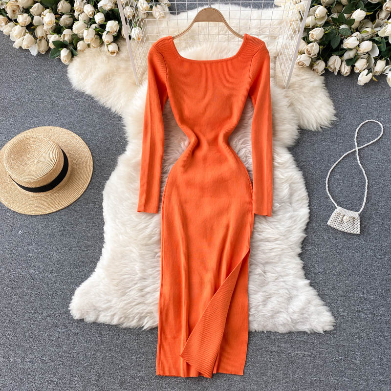 Autumn Winter Elegant Square Neck Long Sleeve Ribbed Knitted Dress Sexy Slit Bodycon Midi Dress