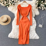 Autumn Winter Elegant Square Neck Long Sleeve Ribbed Knitted Dress Sexy Slit Bodycon Midi Dress