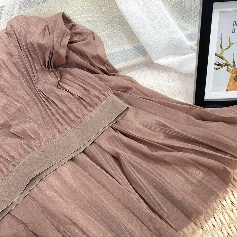 Women Long Tulle Pleated Skirt Spring Summer Elastic High Waist Elegant Mesh Midi Skirt