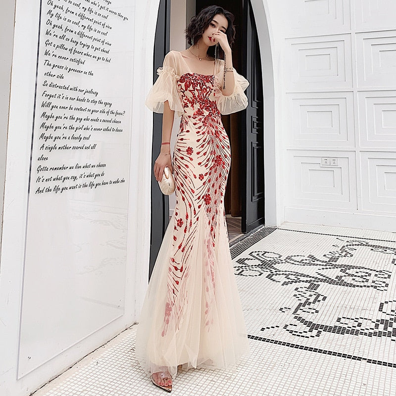 Tulle Flared Sleeve Evening Party Dress Elegant Mermaid Embroidery Eve –  jetechband