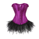 Sexy Rhinestones Brocade Frill Corset Skirt Set Women Fashion Party Corset Bustier Lingerie Top With Mesh Tulle Mini Tutu Skirt