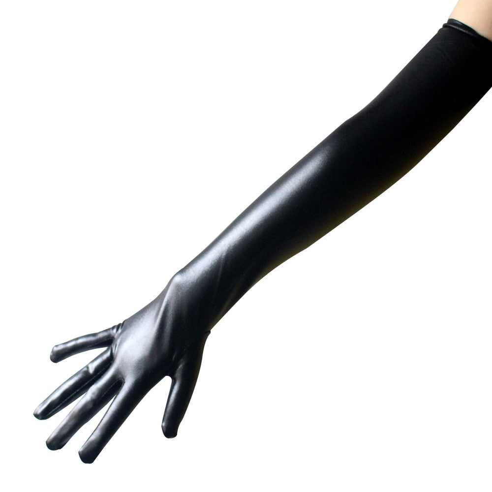 Stretch PU Leather Skinny Long Glove Punk Rock Hip Hop Jazz Disco Dance Gloves Shiny Metallic Mittens Cosplay Accessory