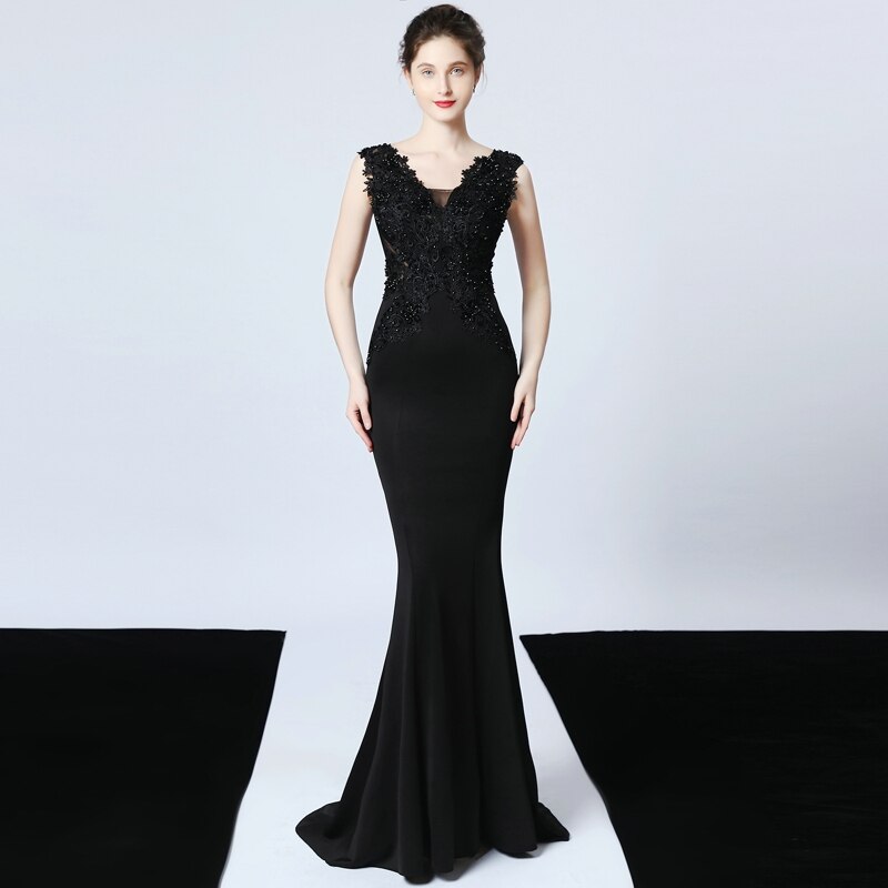 Green V-neck Appliques Beading Long Satin Evening Dress See-through Back Elegant Evening Party Dress