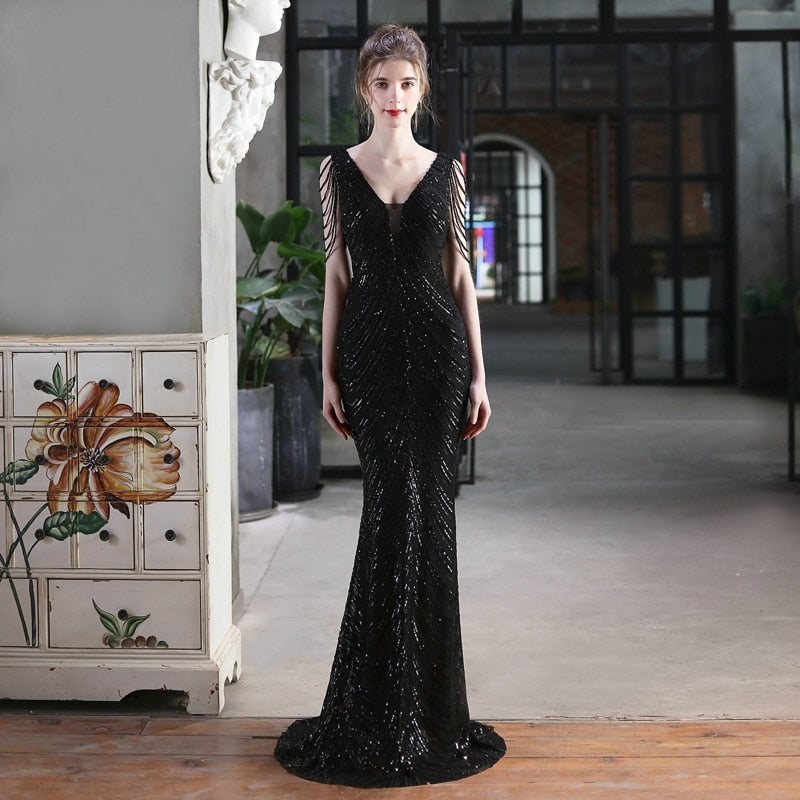 Women Beads Dress Gold Deep V Neck Sequin Evening Dress Sexy Party Maxi Dress