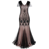 Formal dress retro 1920s sequin evening dress V-neck short sleeve mesh bead fishtail skirt women party special ocasion