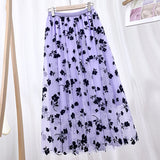 Mid Calf Long Floral Flocking Tulle Women Elastic High Waist Mesh A line Midi Skirt