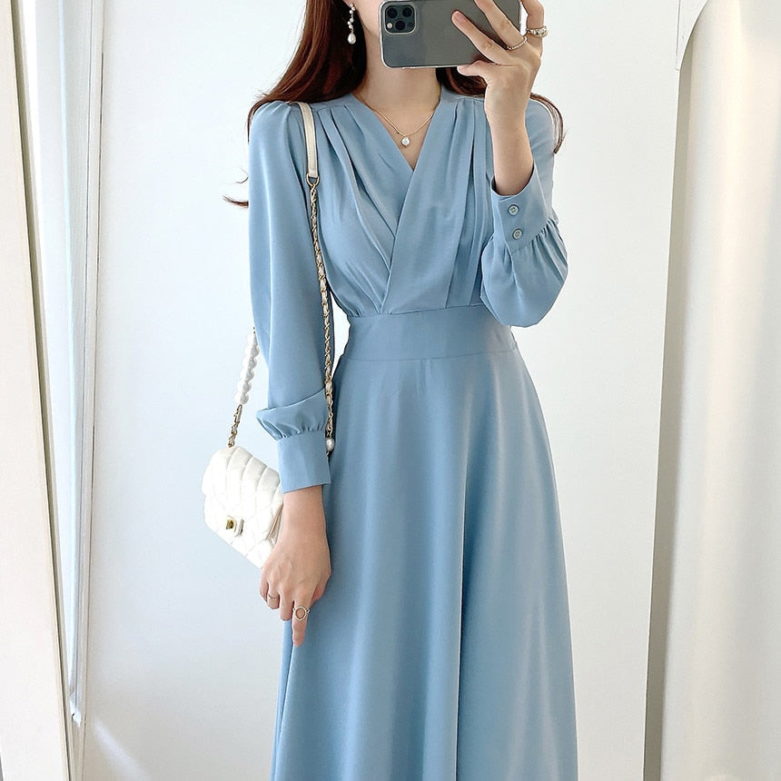 Dresses for Women Vintage Robe V-neck Puff Sleeve Folds Vestidos Mujer High Waist Temperament Dress