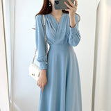 Dresses for Women Vintage Robe V-neck Puff Sleeve Folds Vestidos Mujer High Waist Temperament Dress