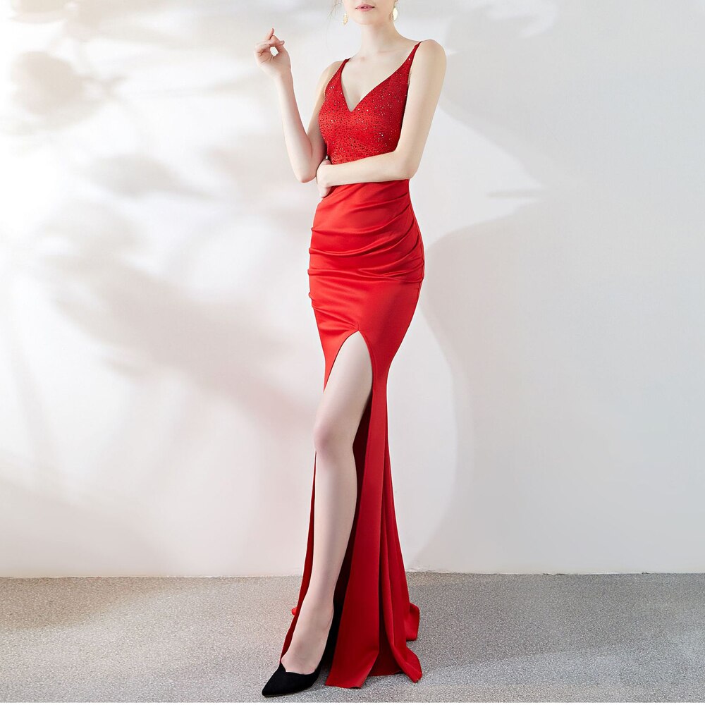 Elegant Mermaid Sexy High Slit Evening Dress Reflective Long V neck Beadings Formal Classy Sleeveless Prom