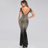 Backless Long Sequin Cocktail Dress Elegant Gold Evening Party Dress Sexy Mermaid Short Sleeve Prom Dress Beauty Robe De Soiree