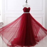Burgundy Ball Gown Evening Dress Floor Length Tutu Pearls Beaded Abendkleider Fantastic Formal Dress Sweetheart Neck A-line Robe