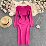 Autumn Winter Sweater Dress Elegant Knitted Bodycon Dress Women Round Neck Long Sleeve Casual Knee Length Midi Dress