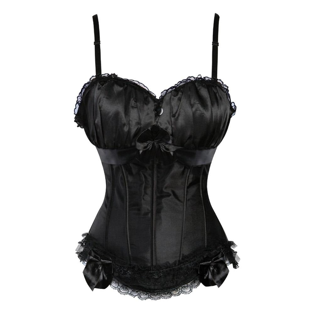 Women Sexy Satin Striped Lace Overbust Corset Bow Cup Straps Corset Zipper Side Waist Cincher Corsets Bustiers Lingerie Top