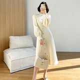 Autumn Winter Buttons Puff-Sleeve Women Sweaters Dress Slim Waist Stretched Knitted Female Midi Dress vestidos