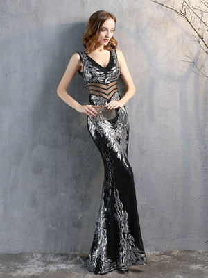 Women See-through Beads Long Party Dreess New Sequins Evening Dress
