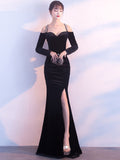 Vintage Velvet Evening Dresses Long-sleeve Off-shoulder Gowns Sexy Backless High Split Robe De Soriee Diamond Formal Dress