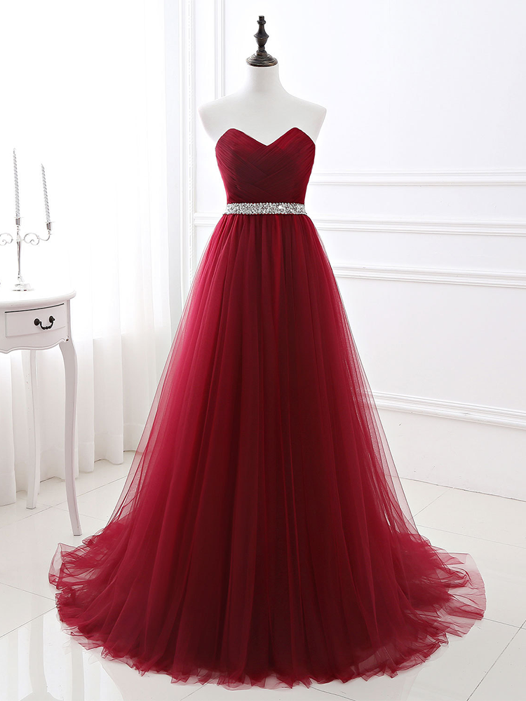 Burgundy Ball Gown Evening Dress Floor Length Tutu Pearls Beaded Abendkleider Fantastic Formal Dress Sweetheart Neck A-line Robe