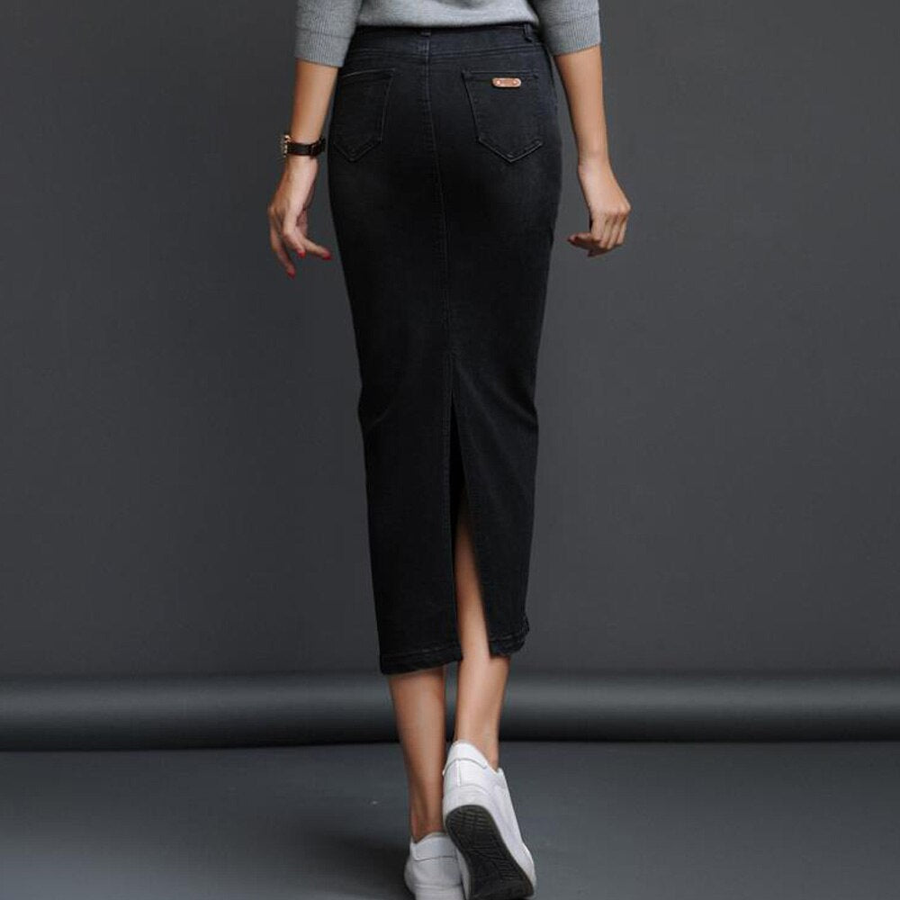 Casual Jeans Women Button Denim Skirts Long High Waist Solid Summer Skirt