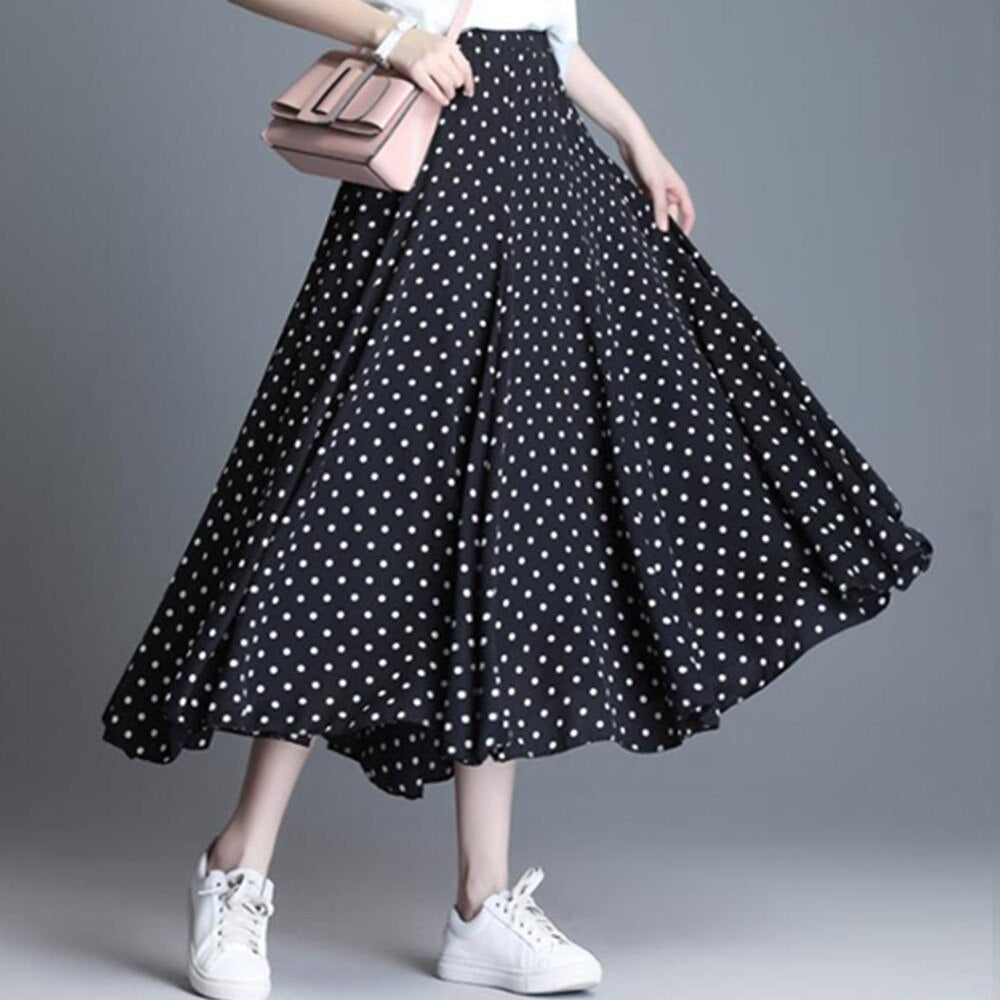 Vintage Polka Dot A-line Pleated Long Summer Women Korean Streetwear Elastic Waist Midi Skirt
