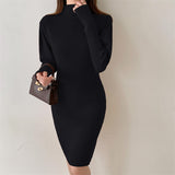 Autumn Winter Fashion Sexy Half High Neck Women's Mini Knit Dress Casual Bodycon Solid Long Sleeve Ladies Dress