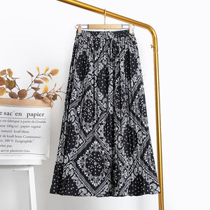 Elegant Vintage Geometric Print Pleated Skirt Women Summer Elastic High Waist Chiffon Midi Skirt