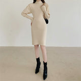 Autumn Winter Sweater Dresses For Women Mock Neck Puff Sleeve Casual Mini Dress Ribbed Soft Knitted Bodycon Dress