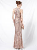 Elegant Halt Neck Diamond Sequin Embroider Formal Dress Mermaid Evening Dress Sleeveless Women Robe De Soriee Gold Vestidos