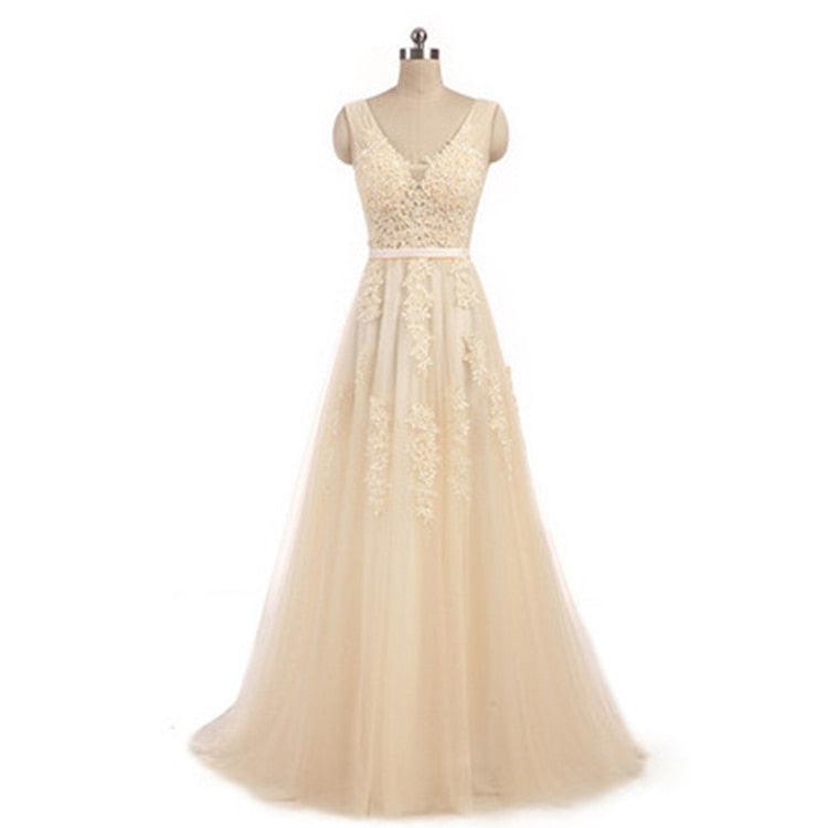 Sexy V-neck Evening Dress Robe De Soiree Tulle With Applique Party Dress Lace Beading Floor-length Prom Dress Bride Banquet Eleg