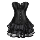Gothic Vintage Corset Dress Women Sexy Satin Overbust Corset Bustier Top With Striped Mini Tutu Skirt Set Burlesque Lingerie