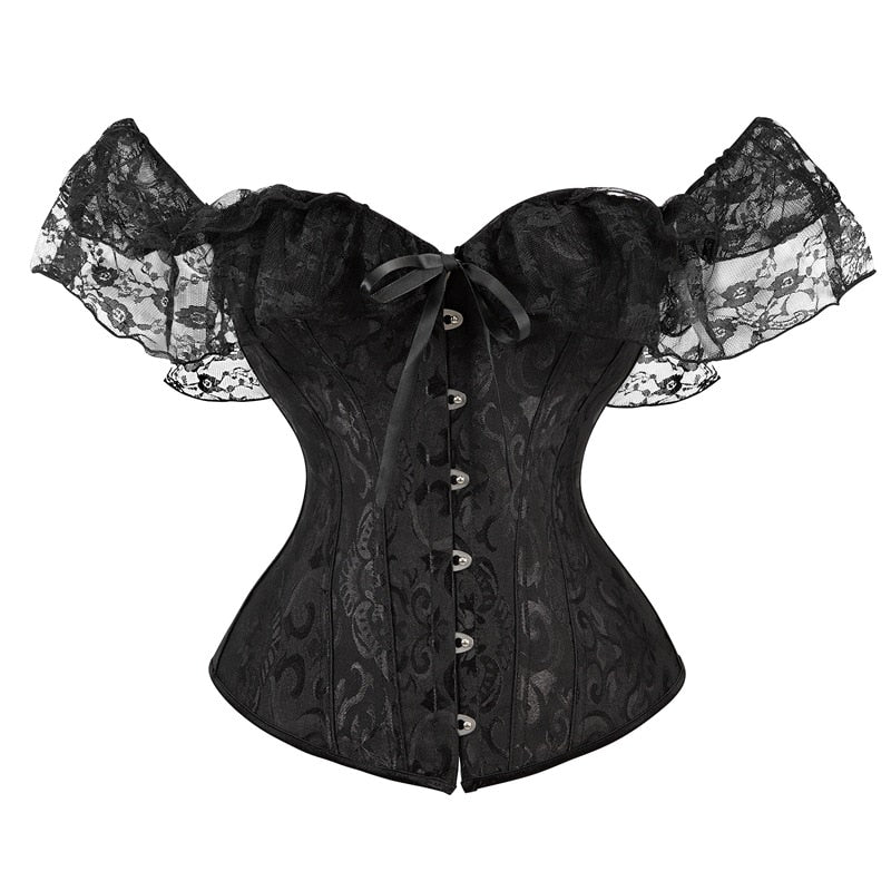 Black White Slim Burlesque Satin Bow Women Ladies Short Sleeve Off Shoulder Corsets and Bustiers Tops Vest Lace Up Corset