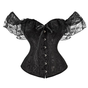 Black White Slim Burlesque Satin Bow Women Ladies Short Sleeve Off Shoulder Corsets and Bustiers Tops Vest Lace Up Corset