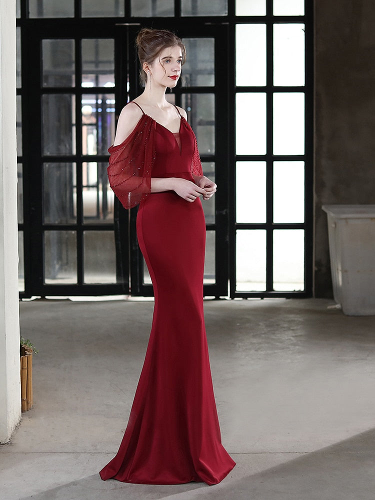 Bishop Sleeve Off The Shoulder V Neck Evening Dress Mermaid Backless Gowns Taffetal Elegant Party Robes Women Occation Vestidoes