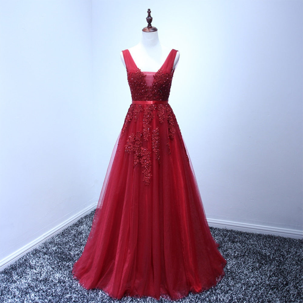 Sexy V-neck Evening Dress Robe De Soiree Tulle With Applique Party Dress Lace Beading Floor-length Prom Dress Bride Banquet Eleg
