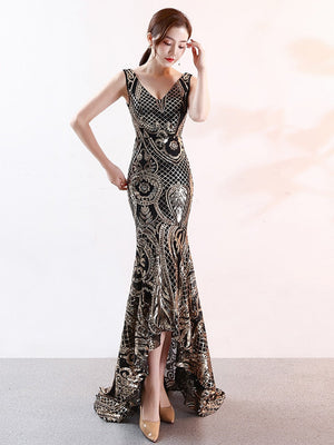 Asymmetrical Floor-Length Tulle Sequins V-Neck Sleeveless Party Dresses Embroider Vestidoes Formal Robe