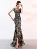 Asymmetrical Floor-Length Tulle Sequins V-Neck Sleeveless Party Dresses Embroider Vestidoes Formal Robe