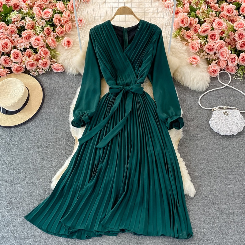 Party Elegant Vintage Midi Dress With Belt Autumn V Neck Long Sleeve C jetechband Party Elegant Vintage Midi Dress With Belt Autumn V Neck Long Sleeve C jetechband