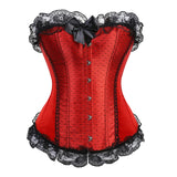 Women Sexy Satin Lace Trim Overbust Corset Showgirl Waist Cincher Body Shaper Slim Burlesque Corset Bustier Lingerie Top